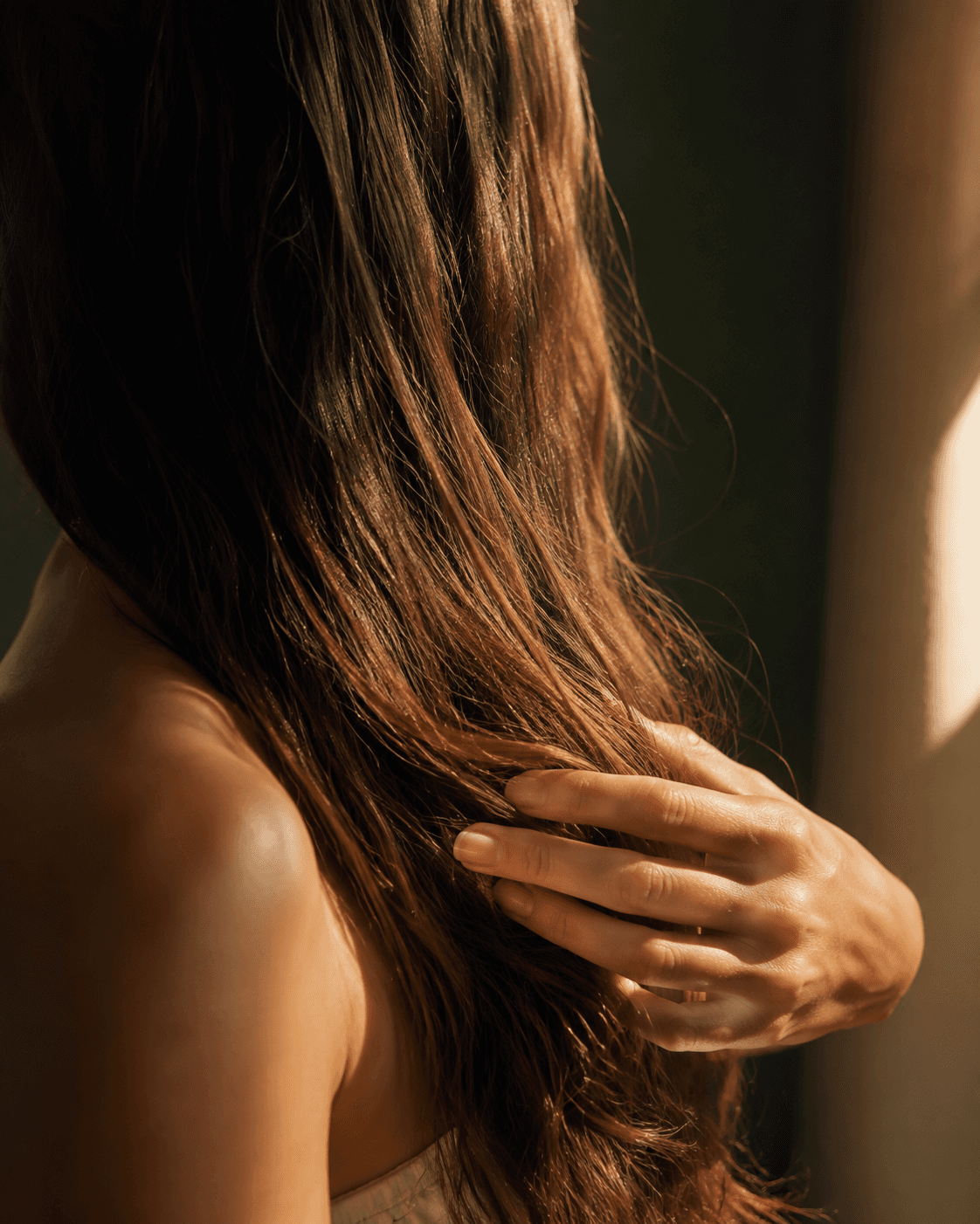 A hand moving through naturally textured hair illuminated by late-afternoon sun