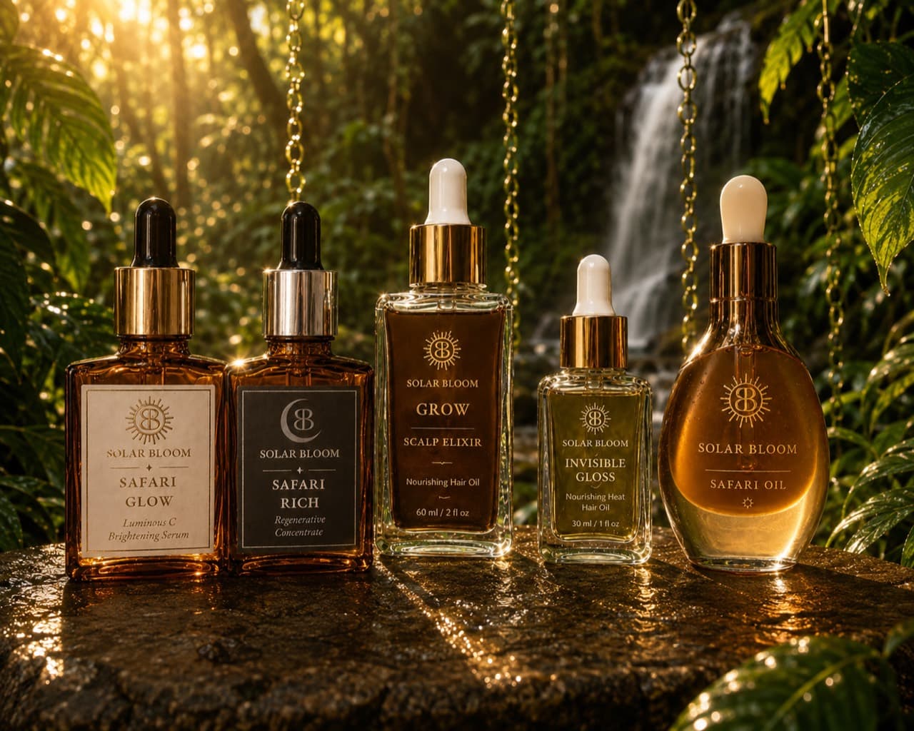 The complete five-product Solar Bloom collection beside a rainforest waterfall