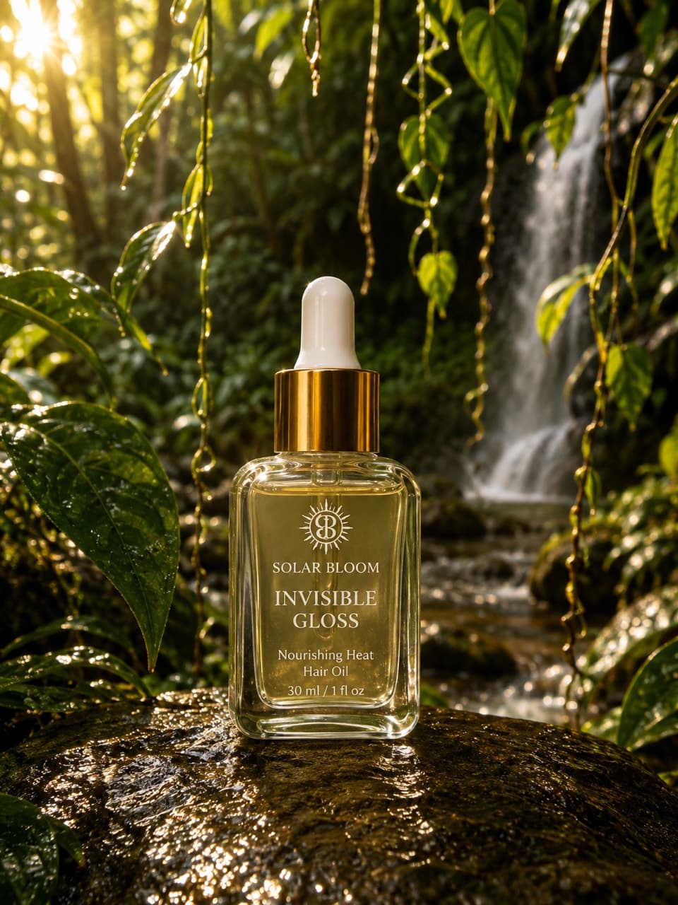 Solar Bloom Invisible Gloss hair oil beside a rainforest waterfall