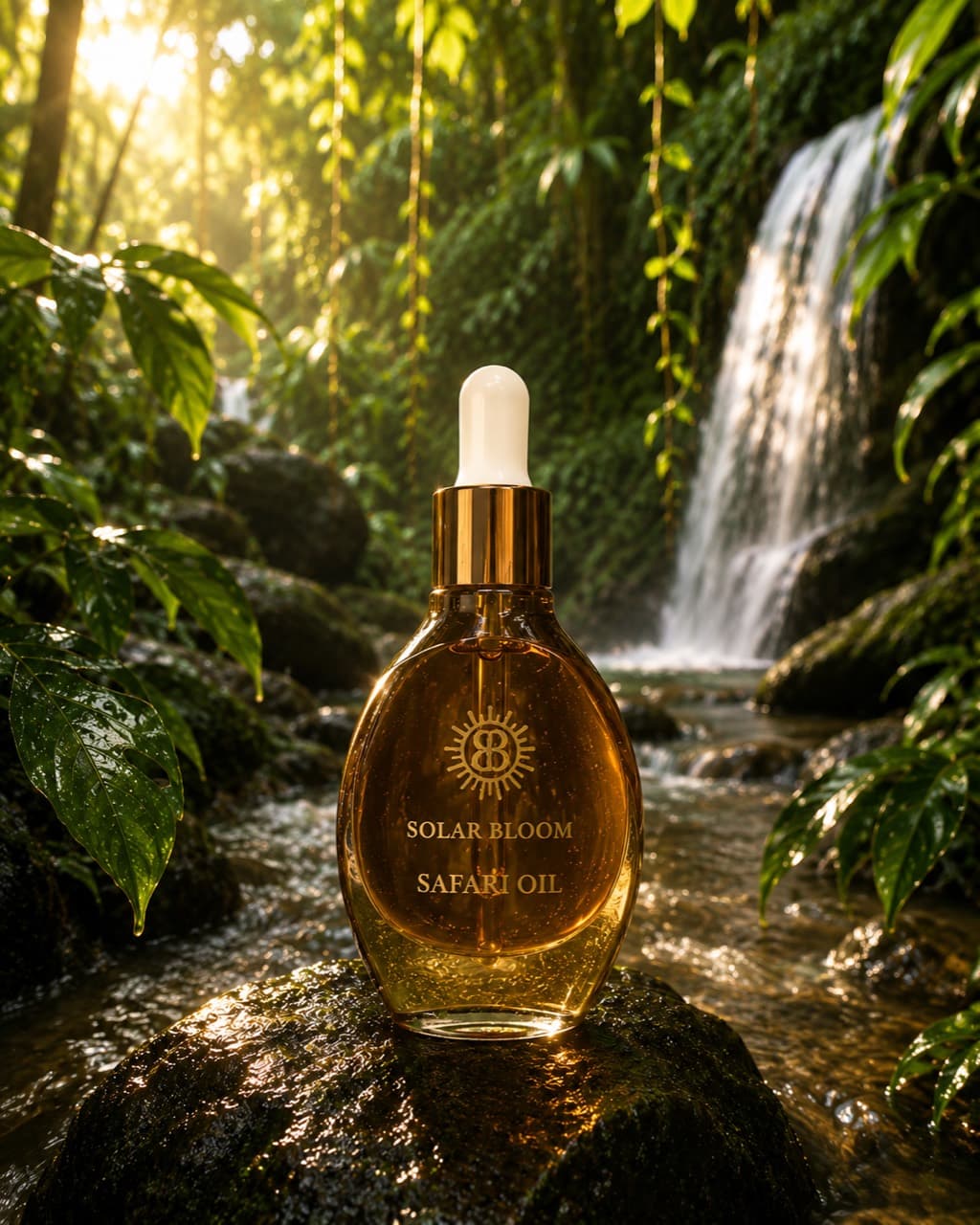 Solar Bloom Safari Oil beside a sunlit rainforest waterfall