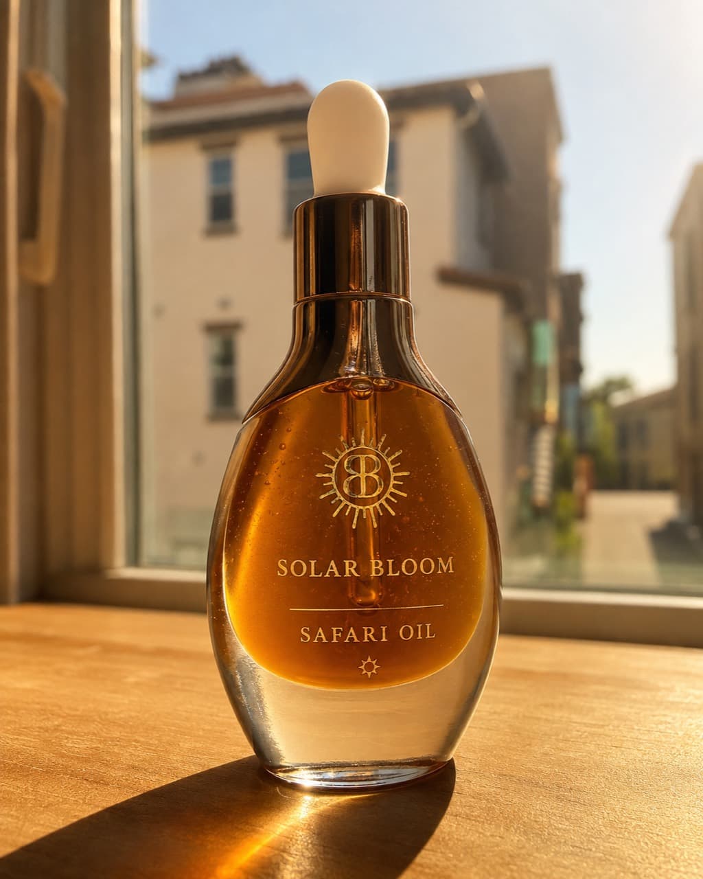 Solar Bloom Safari Oil glowing beside a sunlit window